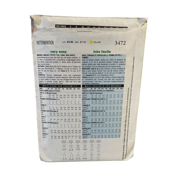 Butterick 3472 Misses' Tunic Top & Pants Sewing Pattern Sizes 20-24 - Picture 2 of 2